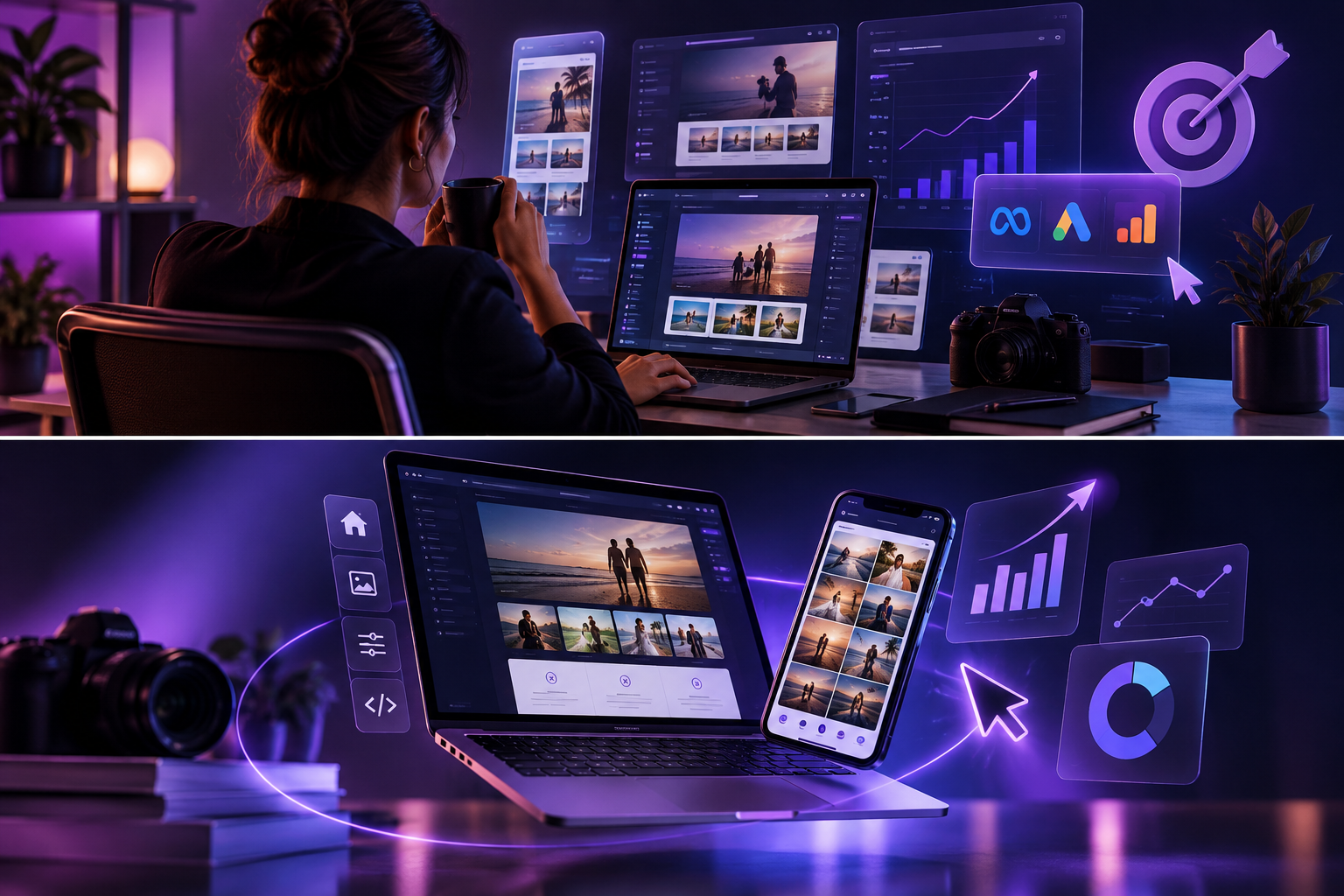 Ambiente 3D futurista com notebook, sites, fotografia e painéis de métricas